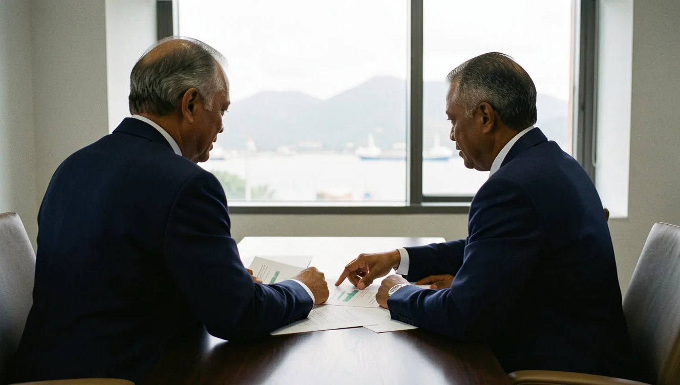 Two executives reviewing printed assessment pages at a boardroom table, Port Louis harbour out of focus behind them